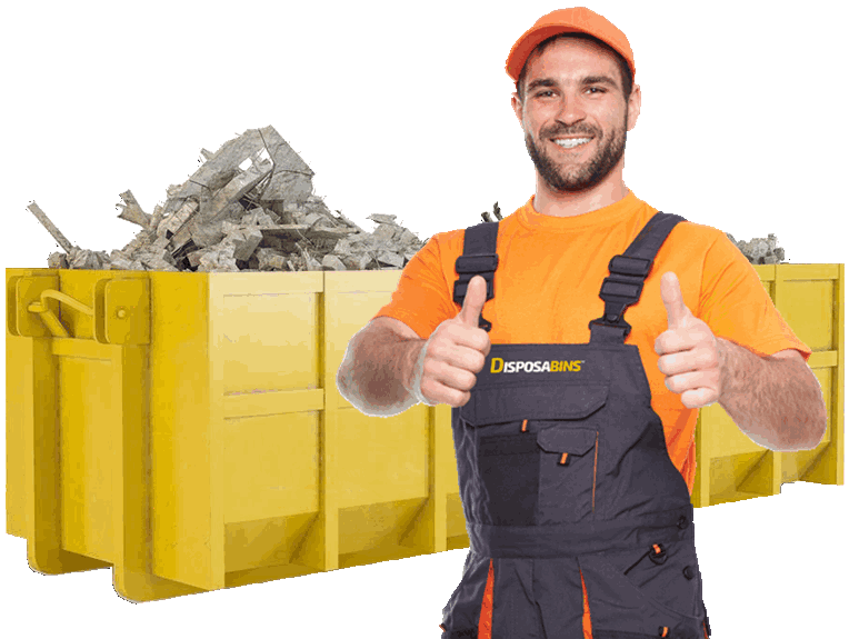 man pointing at dumpster