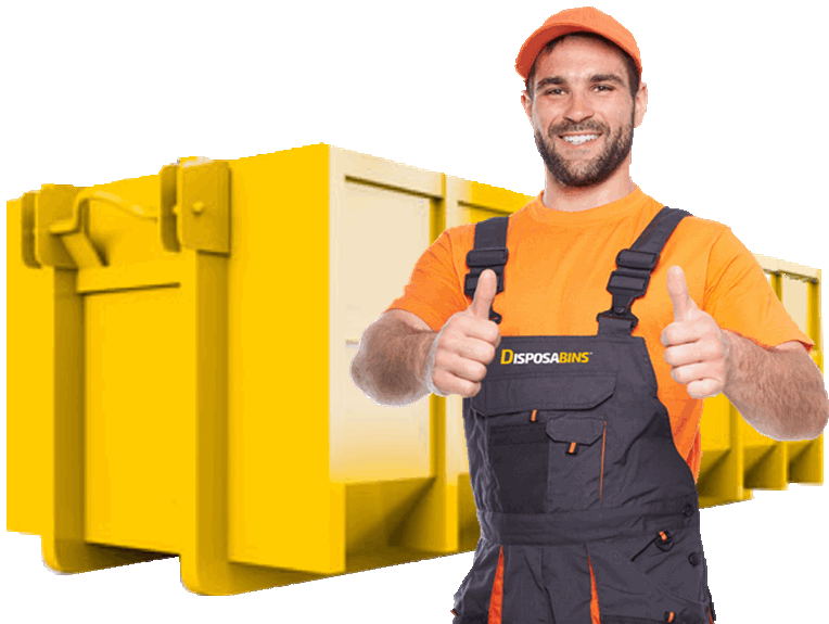 yellow dumpster background with worker